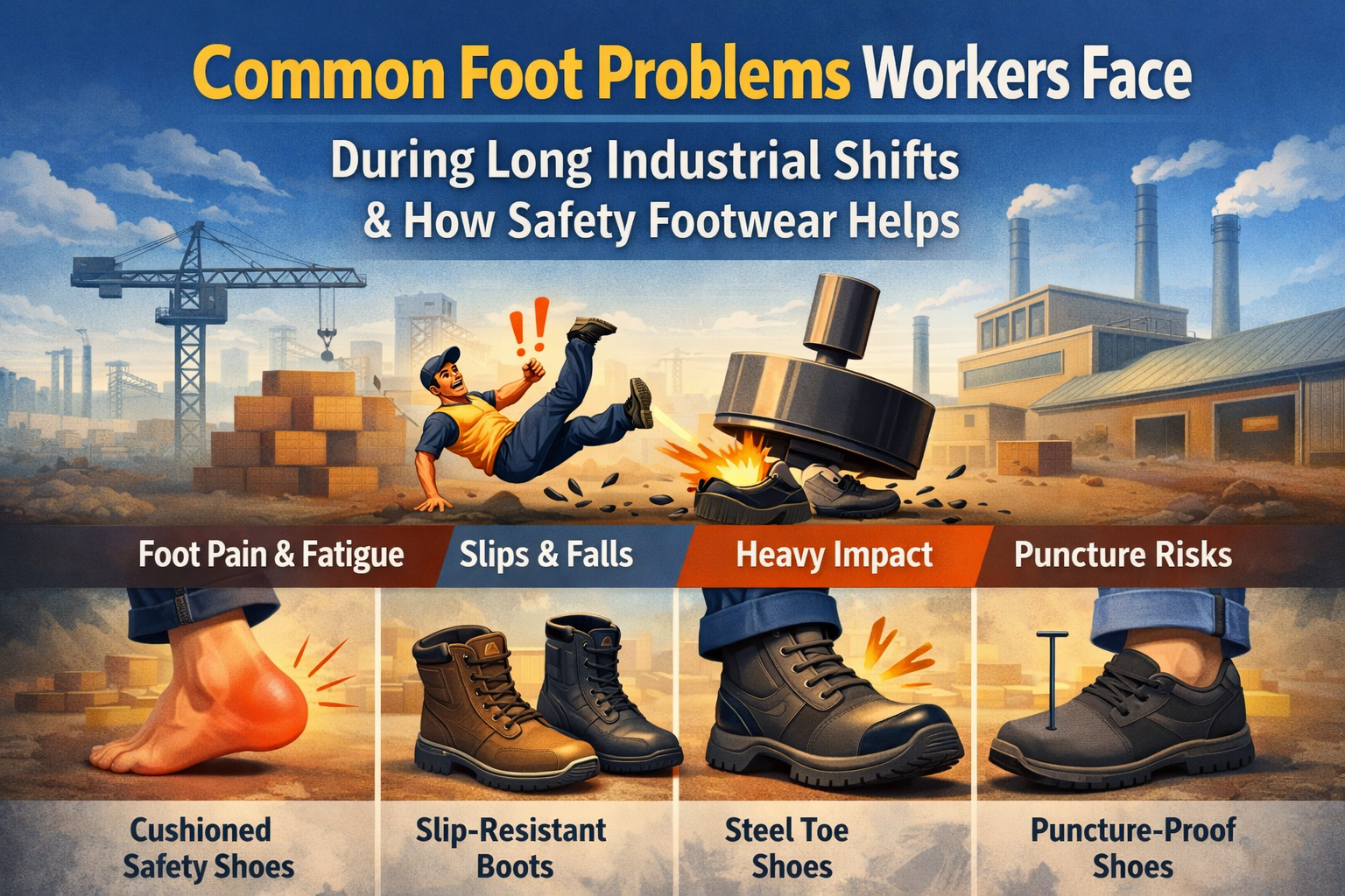Common Foot Problems Workers Face During Long Industrial Shifts & How Safety Footwear Helps